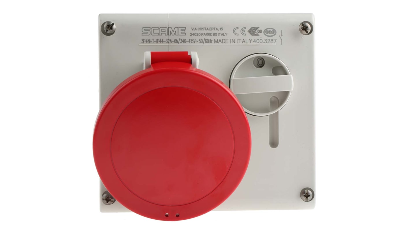 Base mural con bloqueo 3P+N+E Recta Desconectable color Rojo IP44, 32A, 400 V