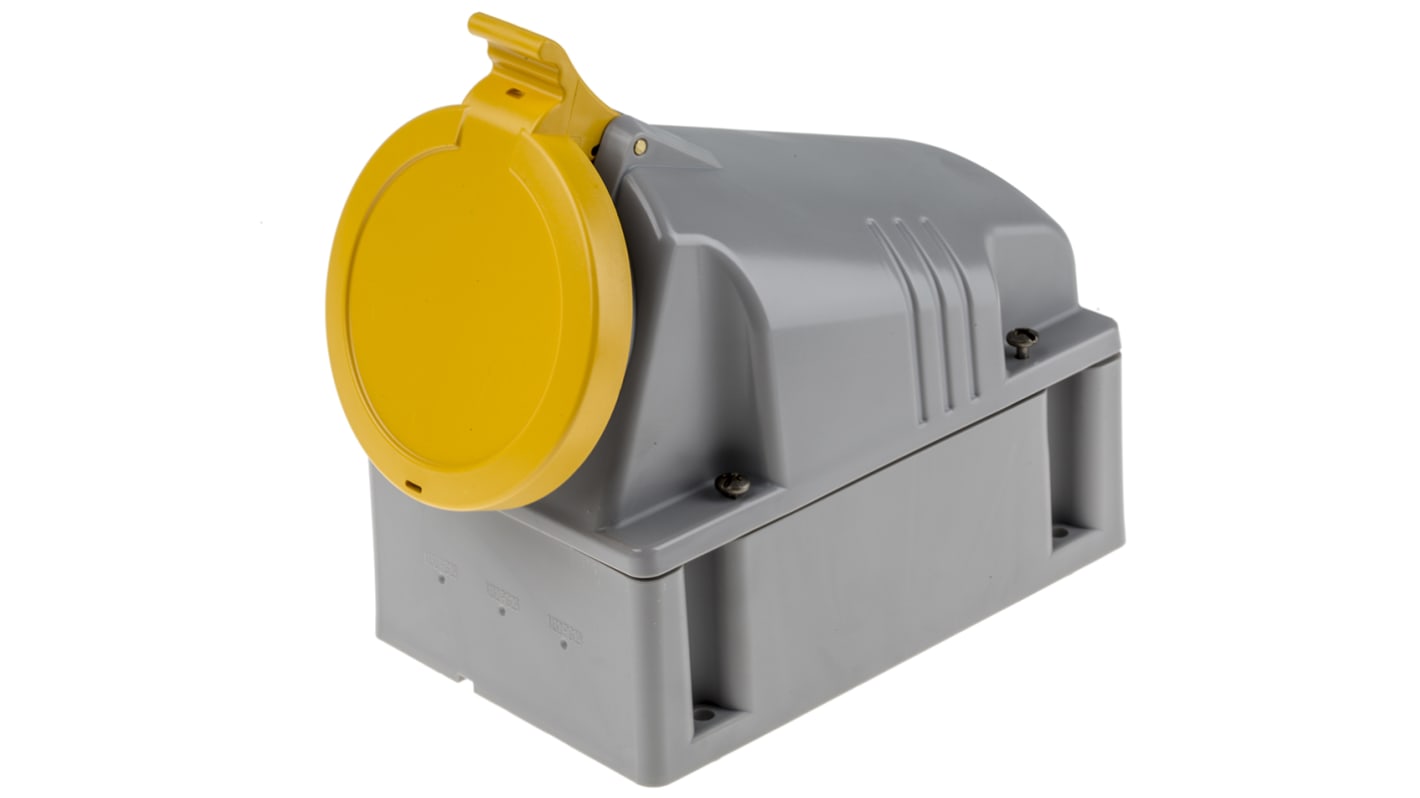 Scame IP44 Yellow Wall Mount 2P + E Industrial Power Socket, Rated At 64A, 110 V