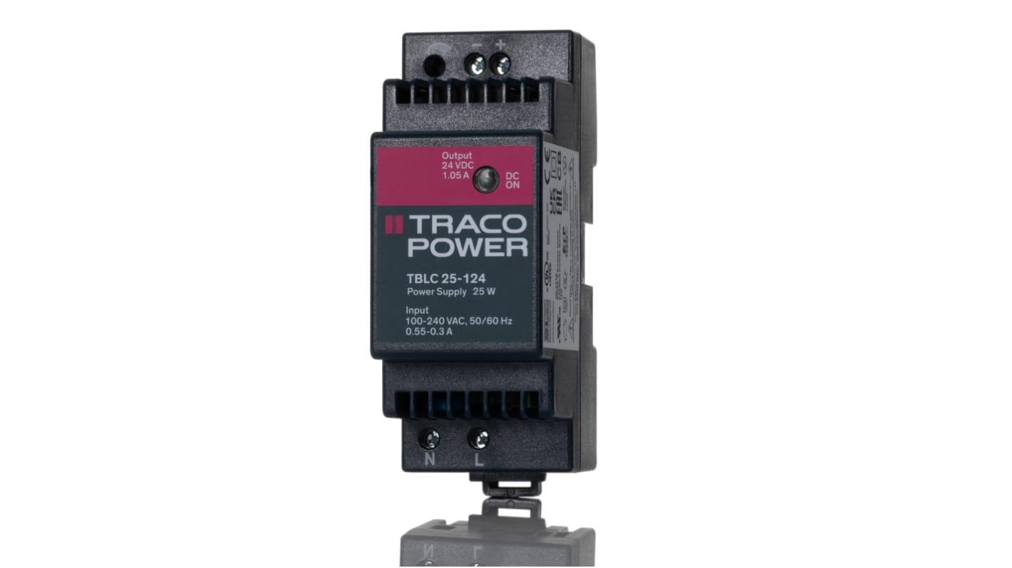 TRACOPOWER DIN-sín tápellátás, BE: 85 → 264V ac, 1 kimenet, 24V dc, 1.05A, 25W