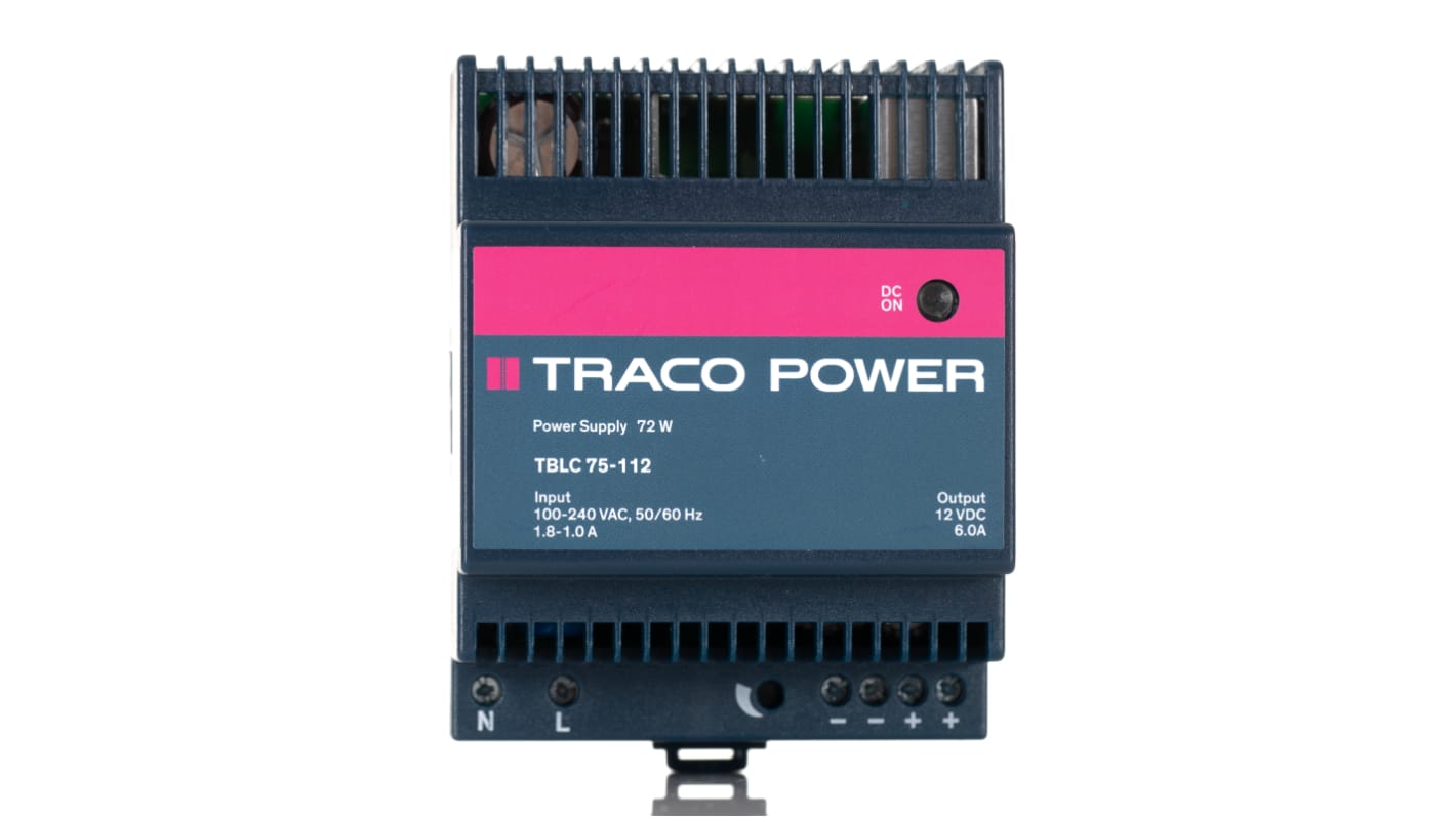 Alimentatore a montaggio su guida DIN TRACOPOWER, 12V cc, 6A, 85 → 264V ca, 72W