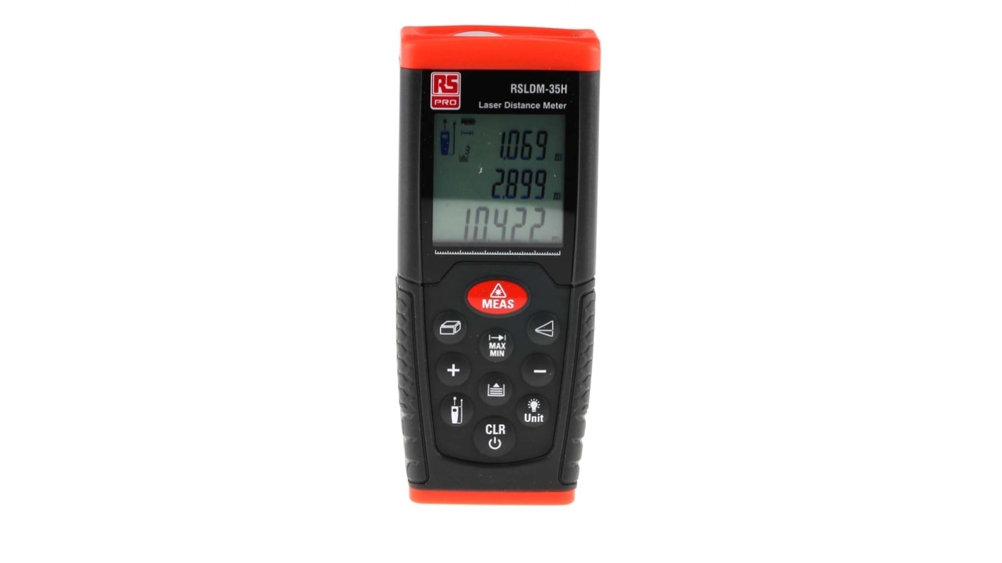 Medidor láser de distancias RS PRO, alcance 0,05→ 35m, precisión ±1,5 mm, Clase 2, color rojo, 635nm