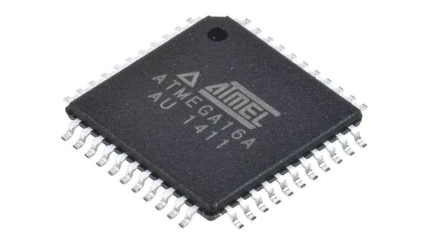 Microcontrolador Microchip ATMEGA16A-AU, núcleo AVR de 8bit, RAM 1 kB, 16MHZ, TQFP de 44 pines