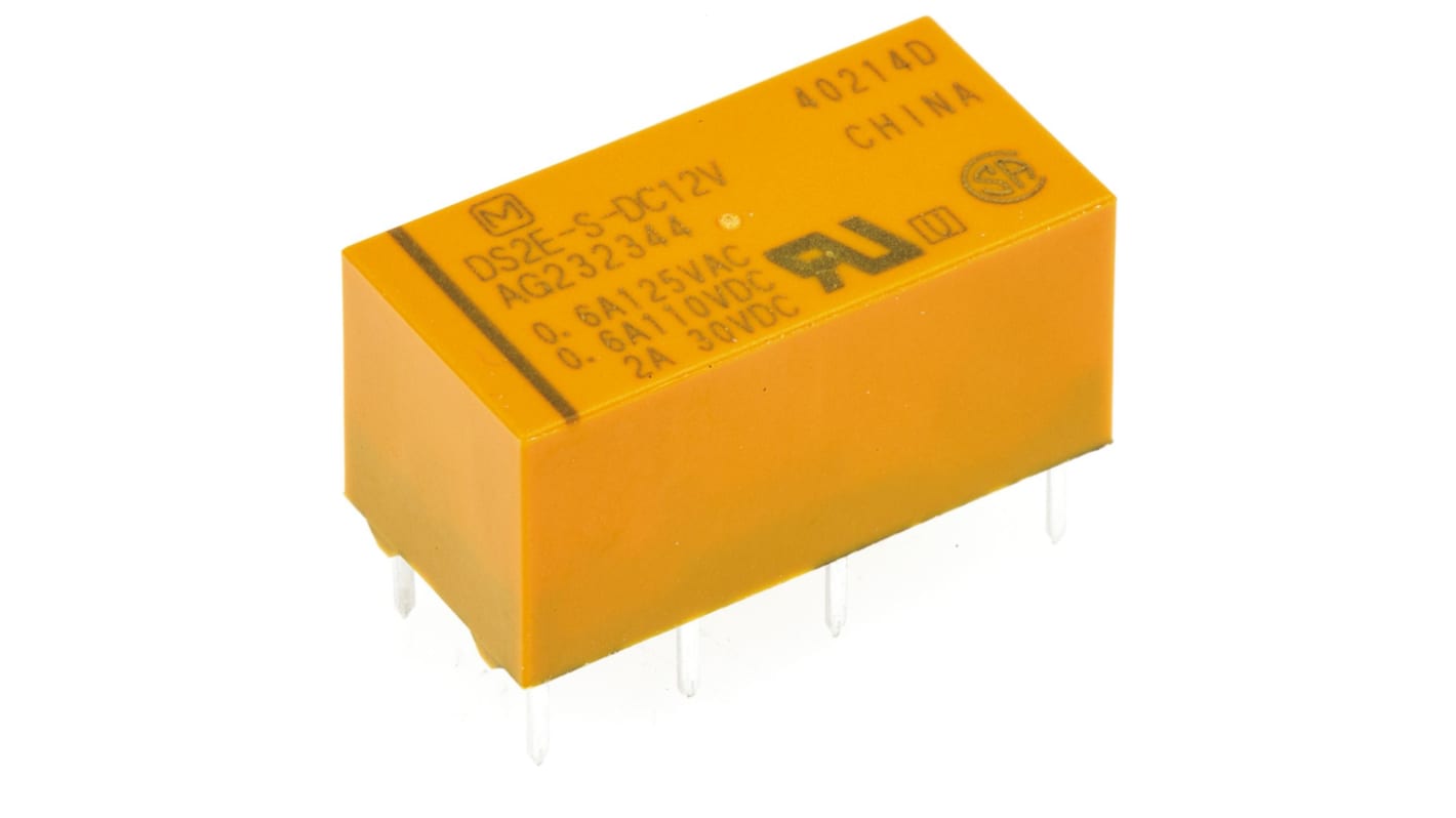 Jelrelé DPDT, Nyomtatott áramkörre szerelhető, 3 A, 12V dc, használható:(Általános rendeltetésű) alkalmazásokhoz DS
