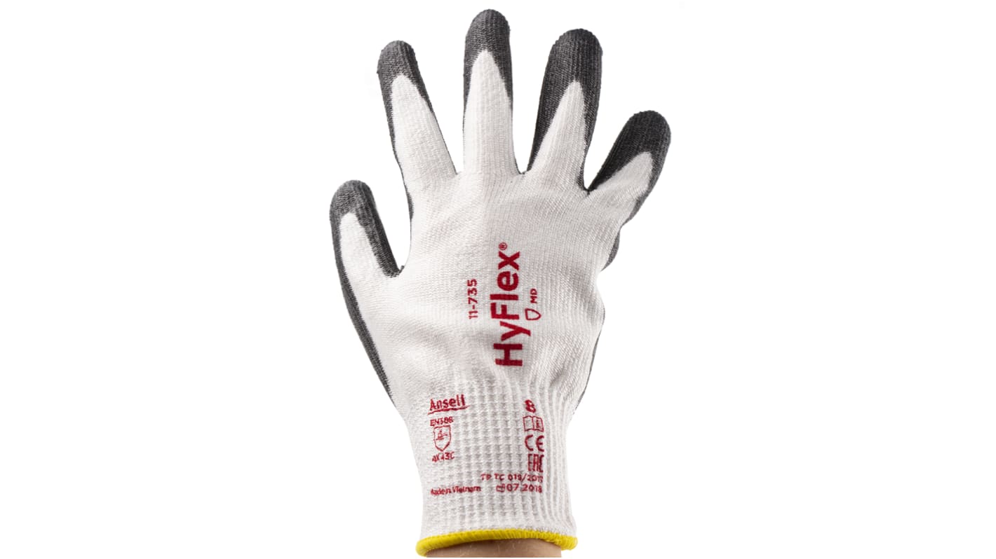 Ansell HyFlex 11-735 White Nylon Cut Resistant Work Gloves, Size 8, Polyurethane Coating