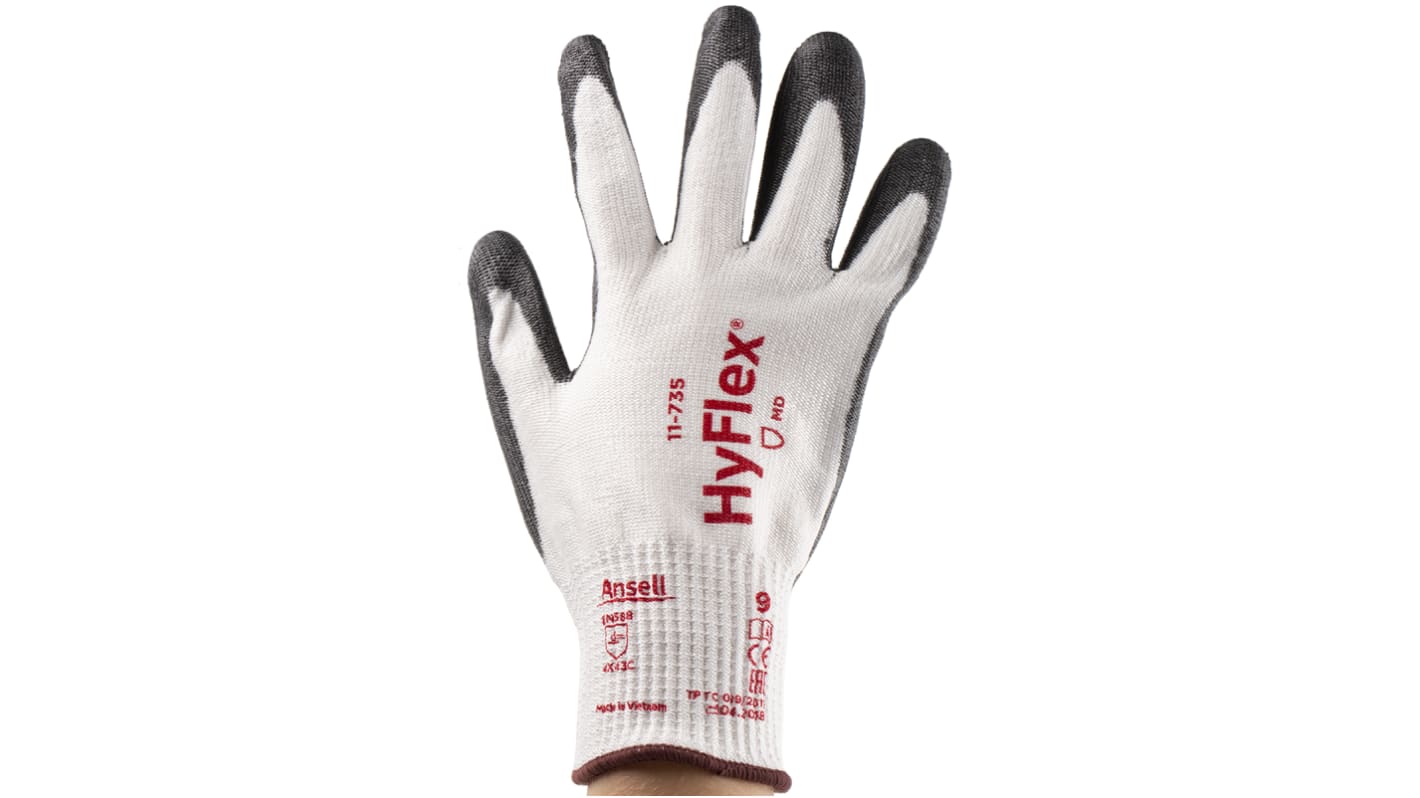Ansell HyFlex 11-735 White Nylon Cut Resistant Work Gloves, Size 9, Polyurethane Coating