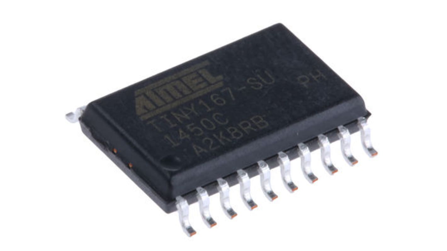 Microcontrolador Microchip ATTINY167-SU, núcleo AVR de 8bit, RAM 512 B, 16MHZ, SOIC de 20 pines