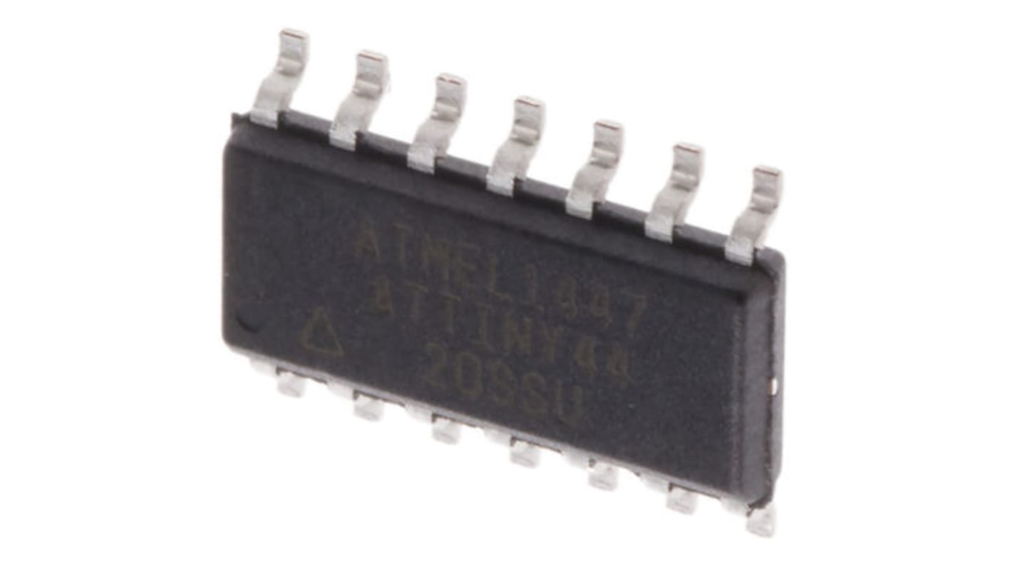 Microcontrolador Microchip ATTINY44-20SSU, núcleo AVR de 8bit, RAM 256 B, 20MHZ, SOIC de 14 pines