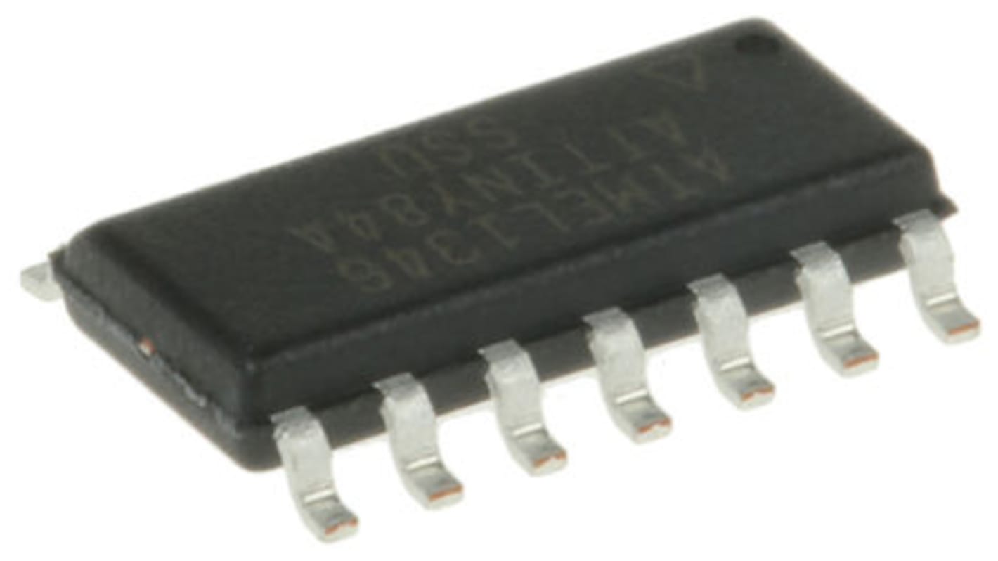 Microcontrolador Microchip ATTINY84A-SSU, núcleo AVR de 8bit, RAM 512 B, 20MHZ, SOIC de 14 pines