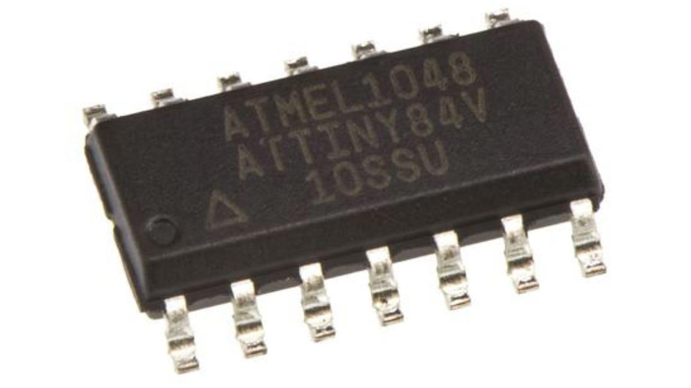 Microcontrolador Microchip ATTINY84V-10SSU, núcleo AVR de 8bit, RAM 512 B, 10MHZ, SOIC de 14 pines