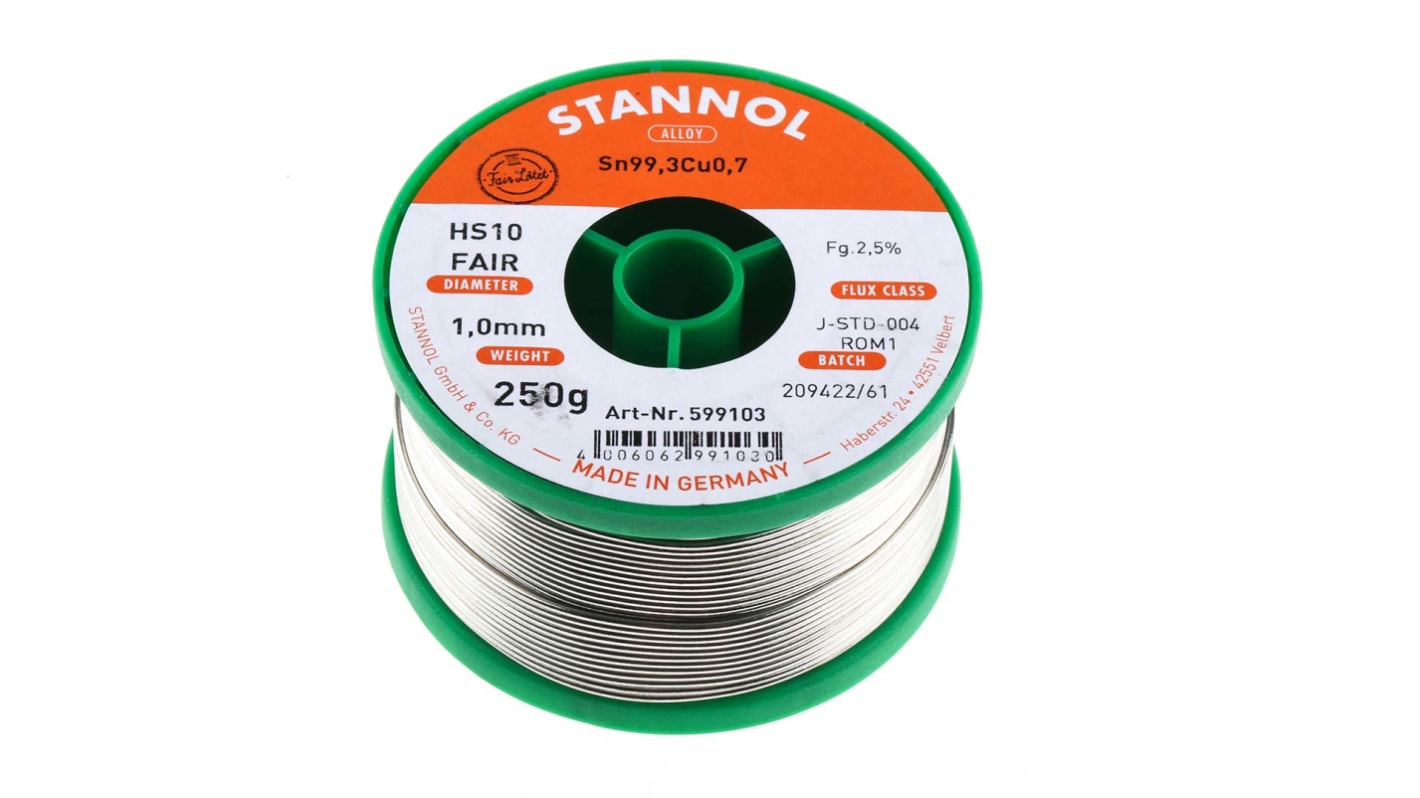 599103 Stannol Wire, 1mm Lead Free Solder, 227°C Melting Point RS