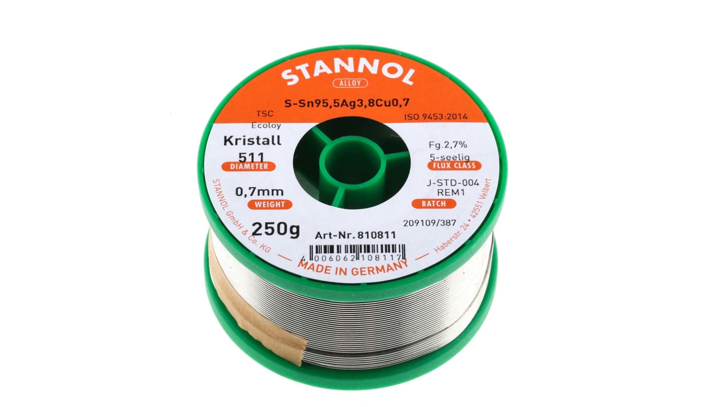 Stannol Wire, 0.7mm Lead Free Solder, 217°C Melting Point