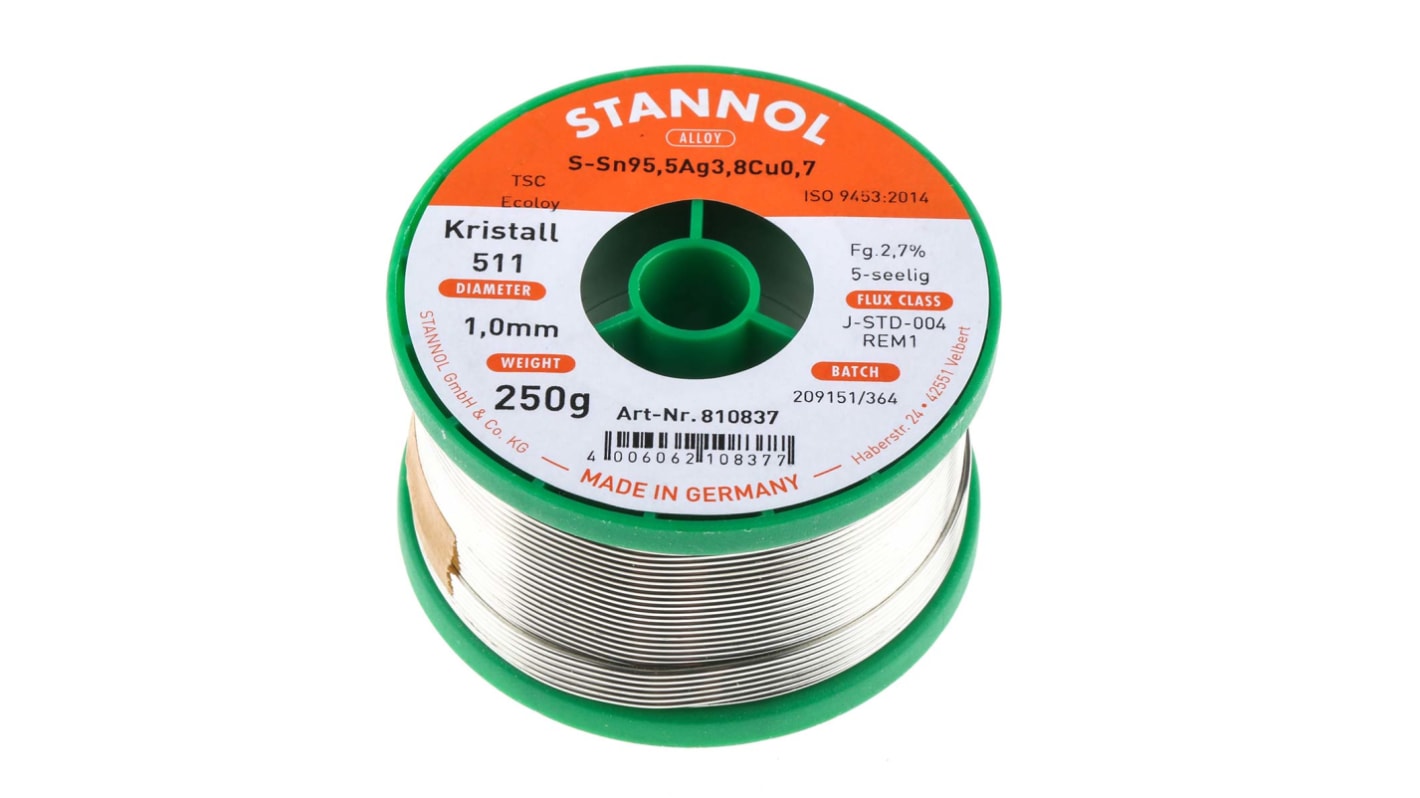 Stannol Wire, 1mm Lead Free Solder, 217°C Melting Point