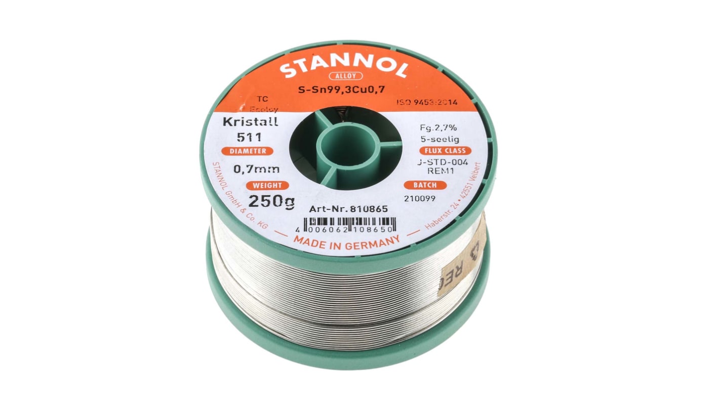 Stannol Wire, 0.7mm Lead Free Solder, 227°C Melting Point