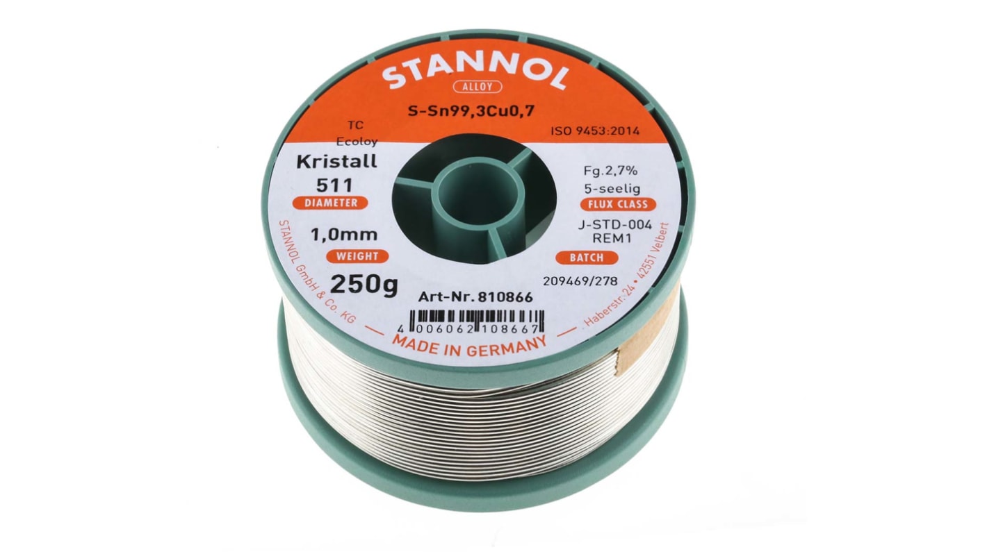810866 Stannol Wire, 1mm Lead Free Solder, 227°C Melting Point RS