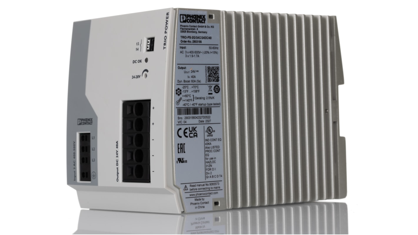 Phoenix Contact TRIO-PS-2G/3AC/24DC/40 Switched Mode DIN Rail Power Supply, 3 x 400V ac ac Input, 24V dc dc Output, 40A