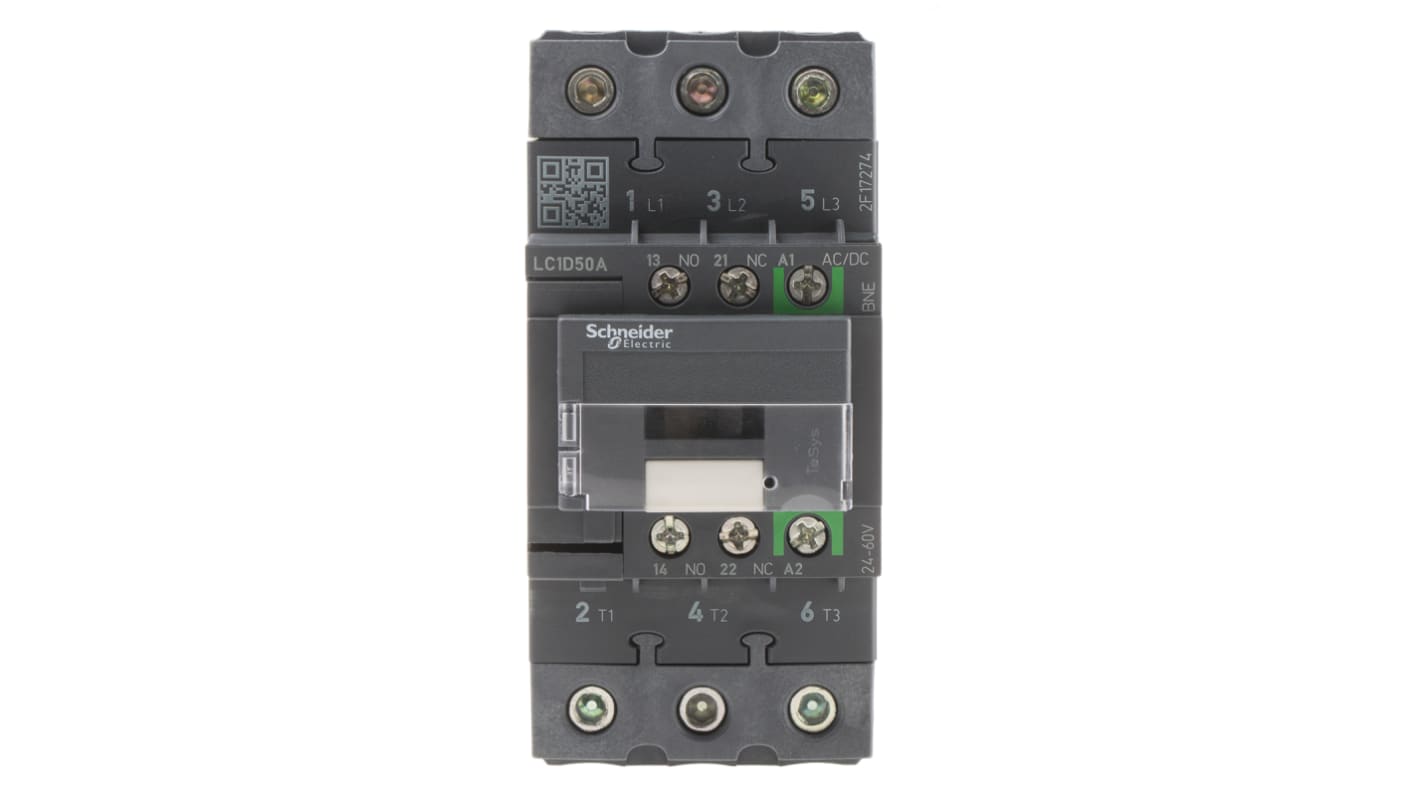 Schneider Electric LC1D Series Contactor, 24 V ac/dc Coil, 3-Pole, 50 A, 22 kW, 3NO, 690 V ac