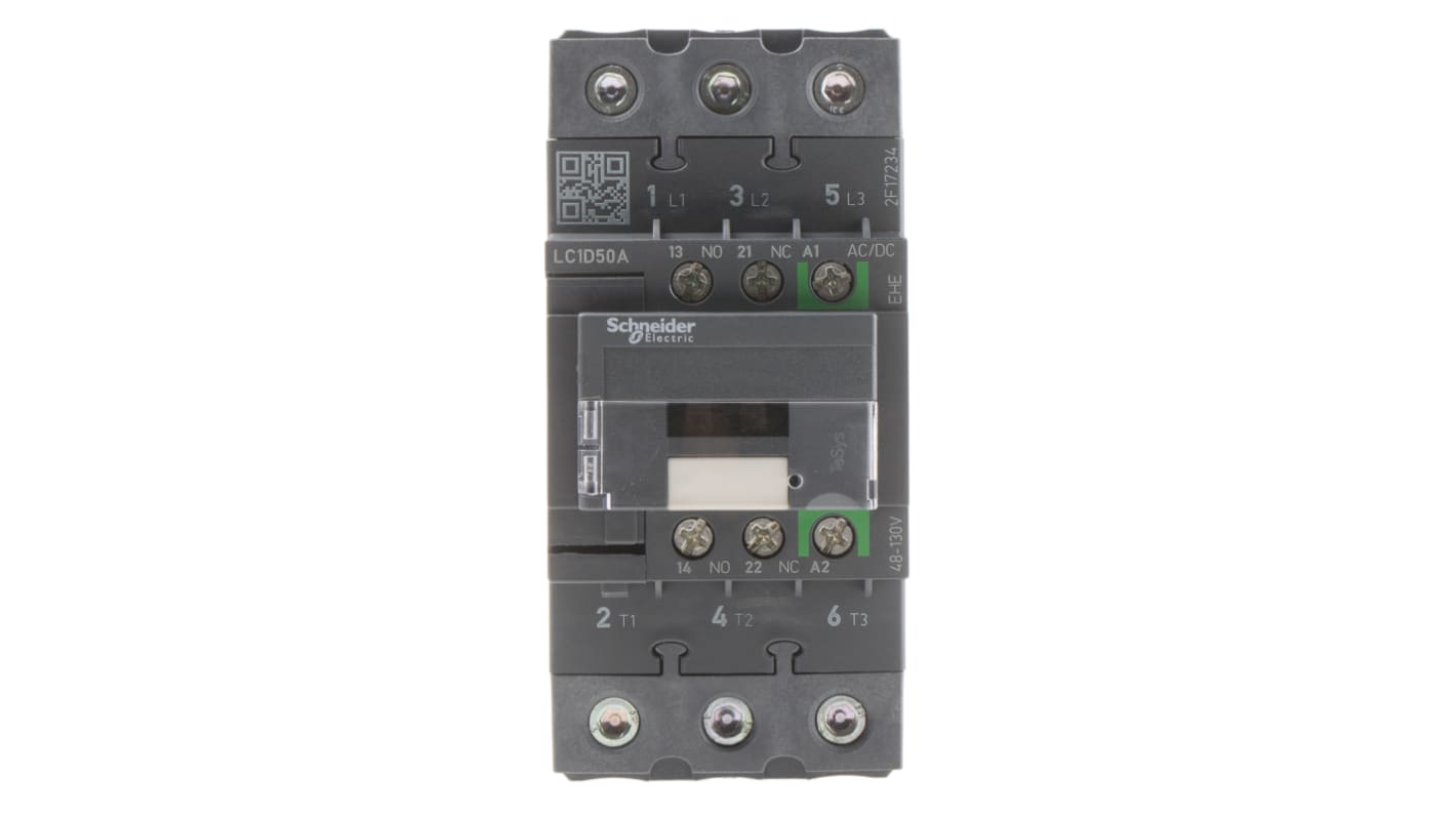 Contattore Schneider Electric, serie LC1D, 3 poli, 3 NO, 50 A, 22 kW, bobina 110 V c.a./c.c.