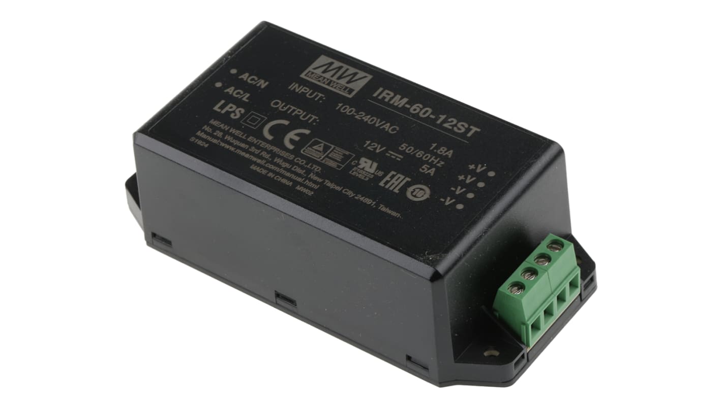 Alimentatore switching MEAN WELL IRM-60-12ST, 60W, ingresso 85 → 264V ca, uscita 12V cc, 5A