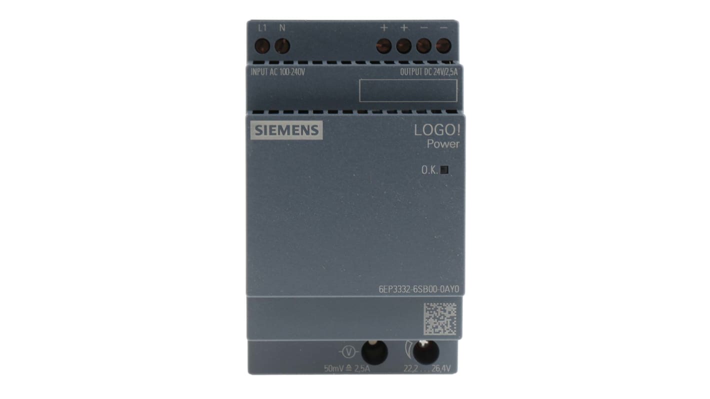 Alimentatore a montaggio su guida DIN Siemens, 24V cc, 2.5A, 100 → 240V ca, 60W