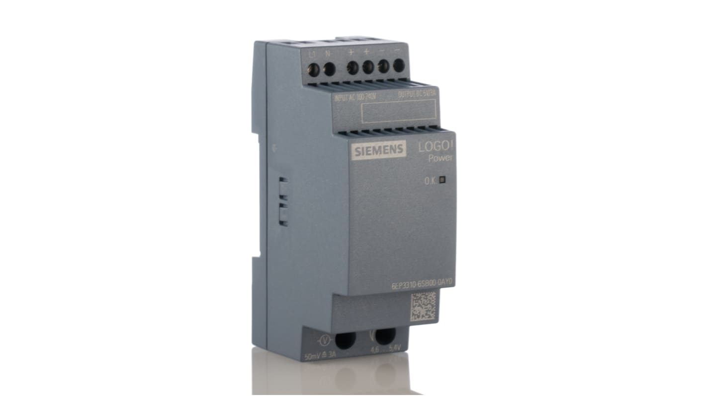 Siemens DIN-sín tápellátás, BE: 230V ac, 1 kimenet, 5V dc, 3A, 15W