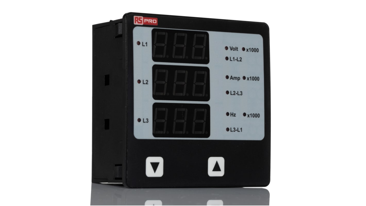 RS PRO LED Digital Panel Multi-Function Meter for Current, Frequency, On Hour, RPM, Run Hour, Voltage, 92mm x 92mm