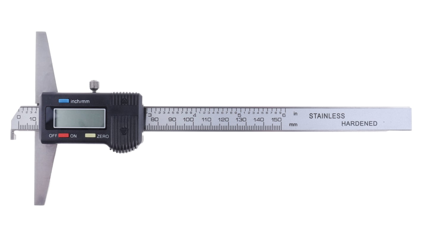 Calibre de profundidad RS PRO, 150mm, precisión ±0,03 mm, resolución 0,0005 pulg., 0,01 mm, Ambos, Acero Inoxidable