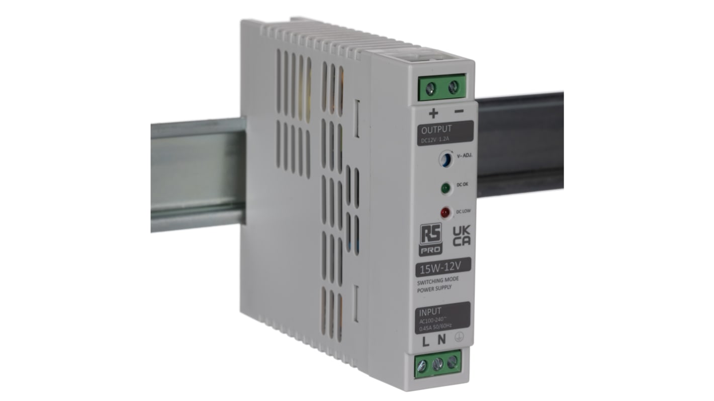 RS PRO Switch Mode DIN Rail Power Supply, 230V ac, 12V dc dc Output, 1.2A Output, 15W