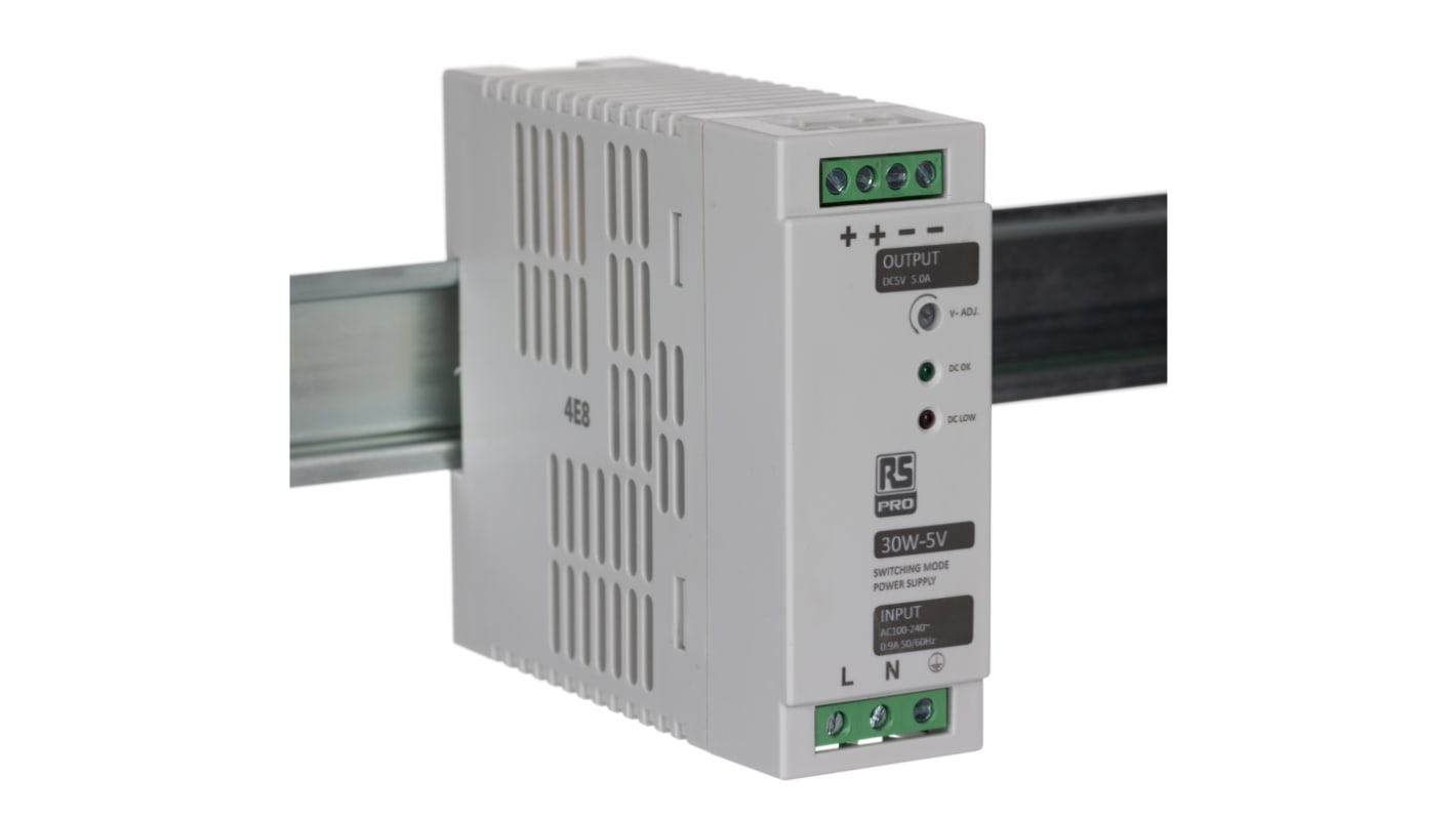 RS PRO Switched Mode DIN Rail Power Supply, 230V ac, 5V dc dc Output, 5A Output, 30W