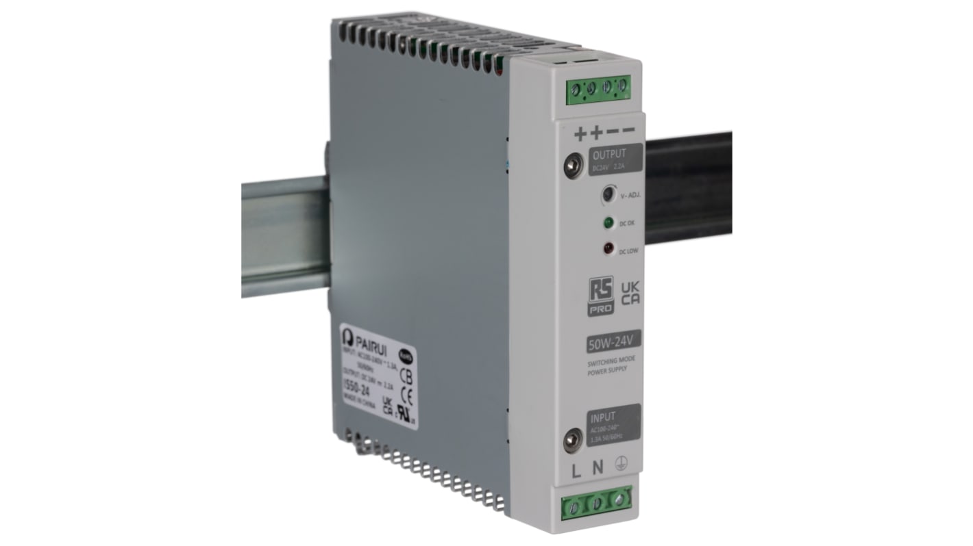 RS PRO Switch Mode DIN Rail Power Supply, 230V ac, 24V dc dc Output, 2.2A Output, 50W