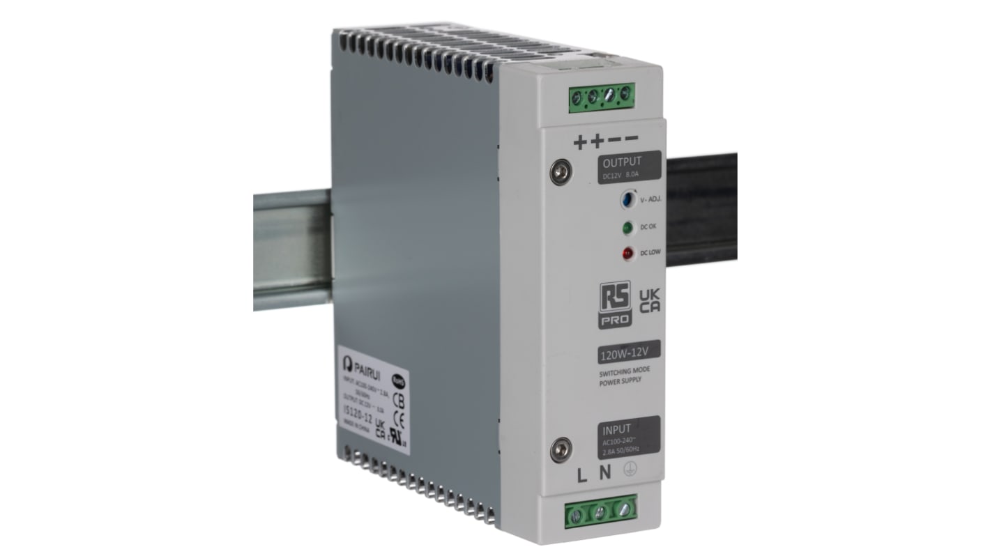 RS PRO Switched Mode DIN Rail Power Supply, 230V ac, 12V dc dc Output, 8A Output, 120W