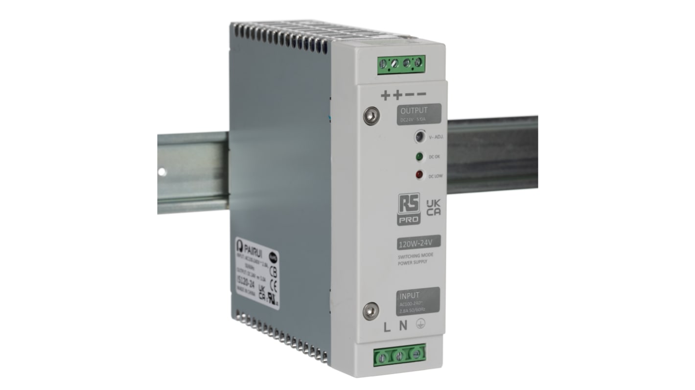 RS PRO -Phasen Switch-Mode DIN-Schienen Netzteil 120W, 230V ac, 24V dc / 5A