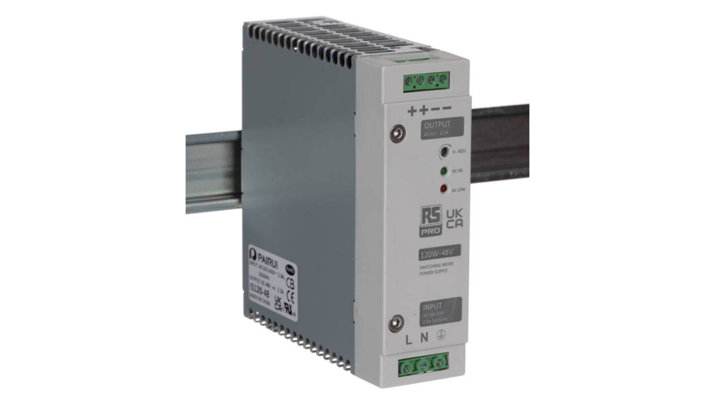 RS PRO Switched Mode DIN Rail Power Supply, 230V ac, 48V dc dc Output, 2.5A Output, 120W