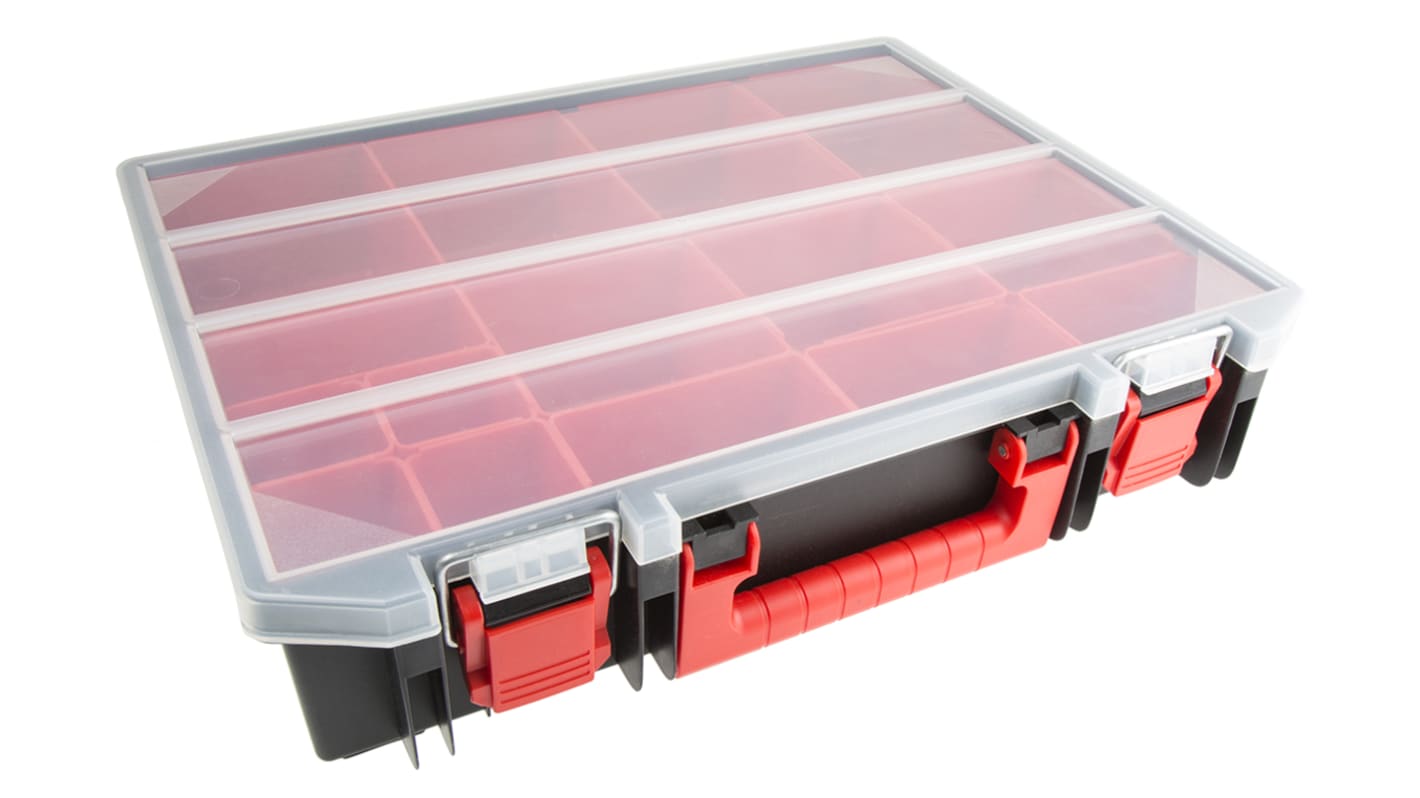 RS PRO 15 Cell Black, Red Polypropylene Compartment Box, 91mm x 416mm x 336mm