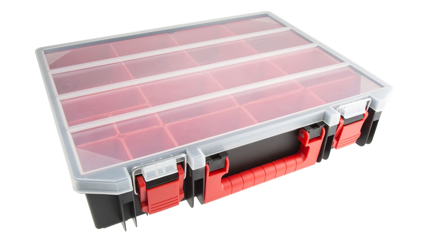 RS PRO RC15 Kleinteilebox, Polypropylen Schwarz, Rot, 15 Fächer, 91mm x 416mm x 336mm