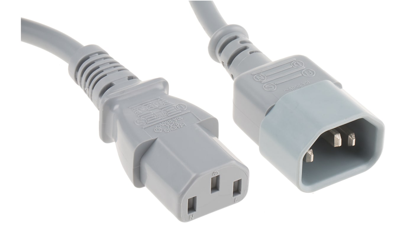 Cable de alimentación RS PRO Gris de 1.5m, con. A IEC C13, hembra, con. B IEC C14, macho