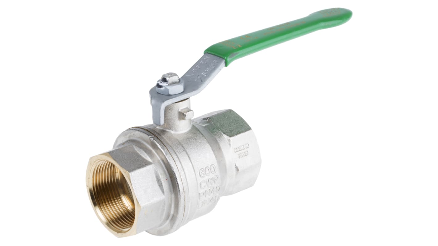 RS PRO Brass Full Bore, 2 Way, Ball Valve, BSPP 1 1/2in, 40bar Operating Pressure
