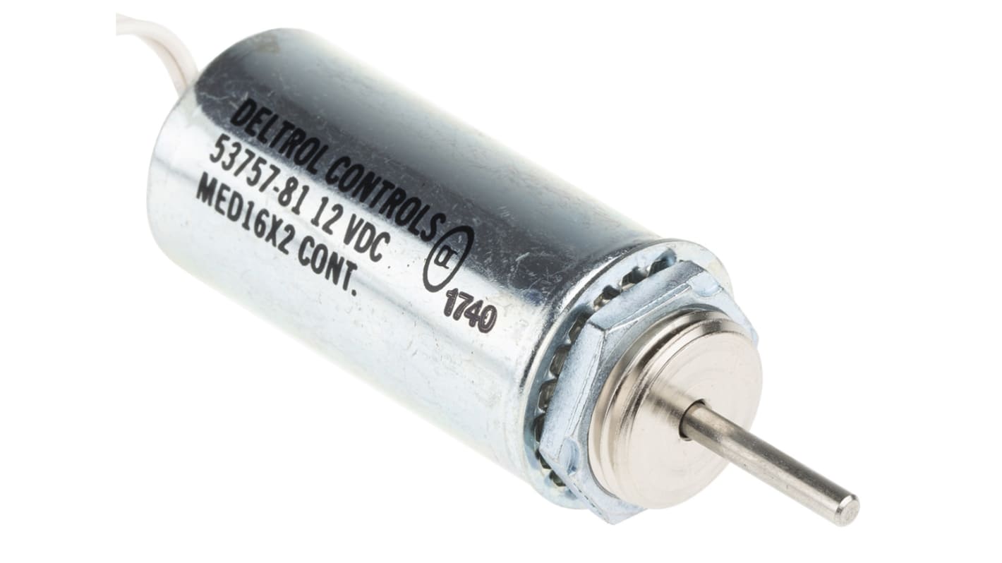 Lineární solenoid, průměr plunžru: 11.11mm, 15Ω, 12 V DC, 24 (Wire Lead)AWG, 25,4 (průměr) x 60,33 mm, 10 W