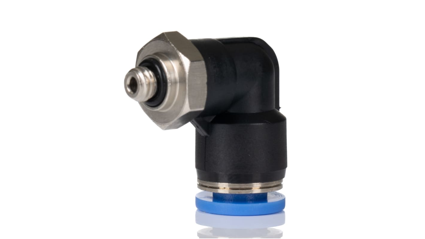 RS PRO Elbow Threaded Adaptor, M5 Male to Push In 6 mm, Threaded-to-Tube Connection Style