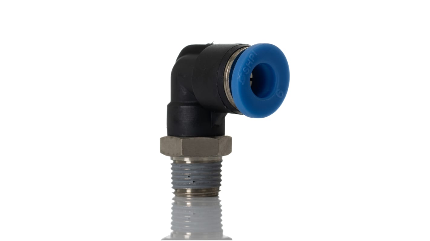 RS PRO Elbow Threaded Adaptor, R 1/8 Male to Push In 6 mm, Threaded-to-Tube Connection Style