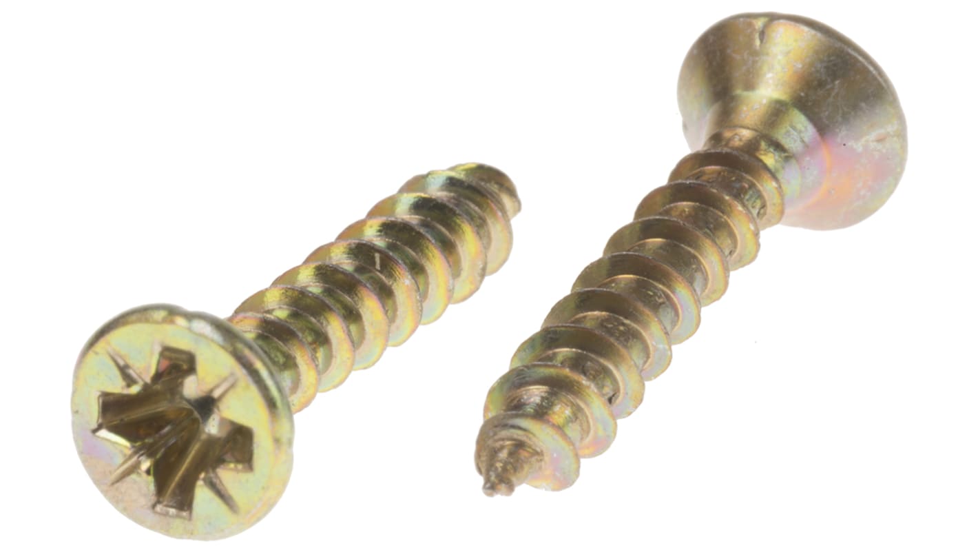 RS PRO Pozidriv Countersunk Steel Wood Screw, Yellow Passivated, Zinc Plated, 3.5mm Thread, 20mm Length