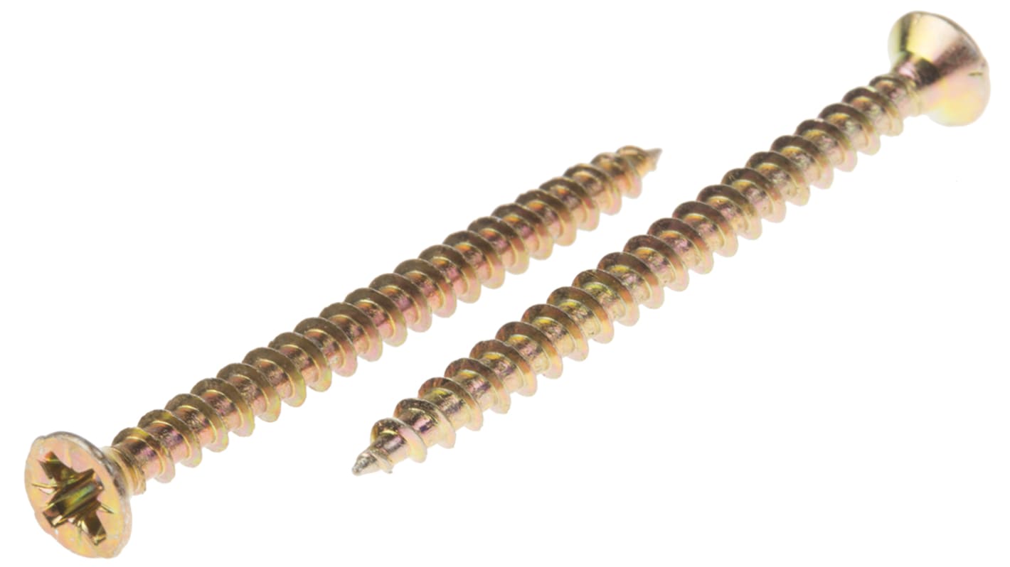 RS PRO Pozidriv Countersunk Steel Wood Screw, Yellow Passivated, Zinc Plated, 3.5mm Thread, 45mm Length