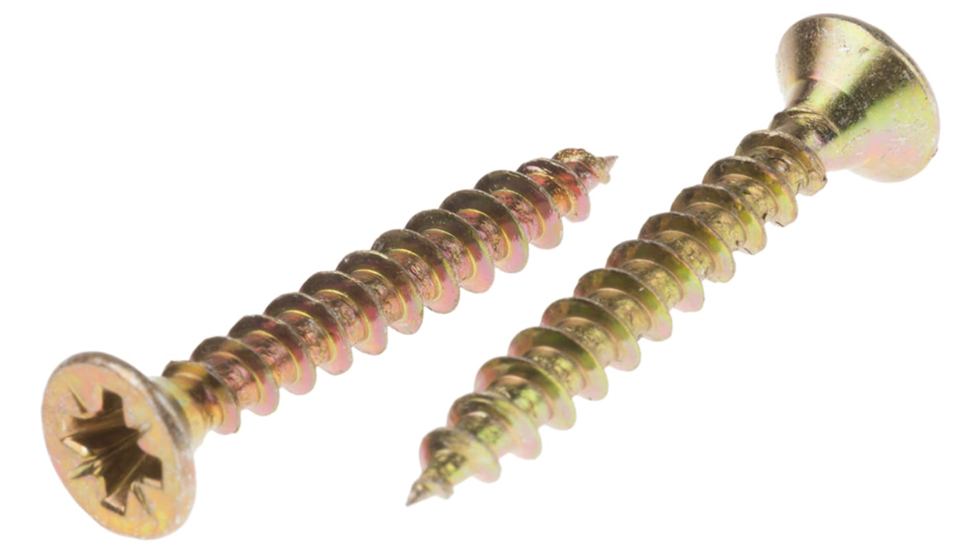 RS PRO Pozidriv Countersunk Steel Wood Screw Yellow Passivated, Zinc Plated, 4mm Thread, 30mm Length