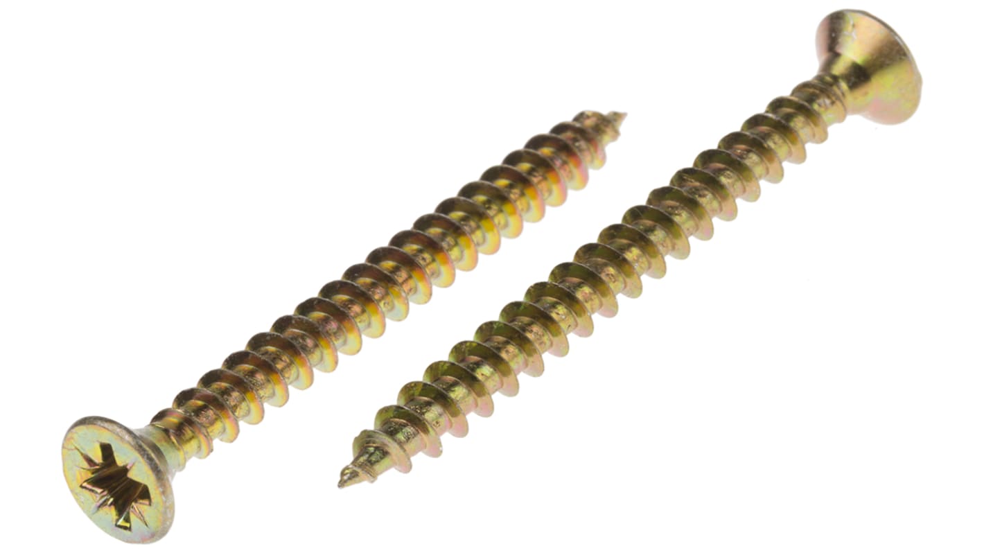 RS PRO Pozidriv Countersunk Steel Wood Screw, Yellow Passivated, Zinc Plated, 4.5mm Thread, 50mm Length