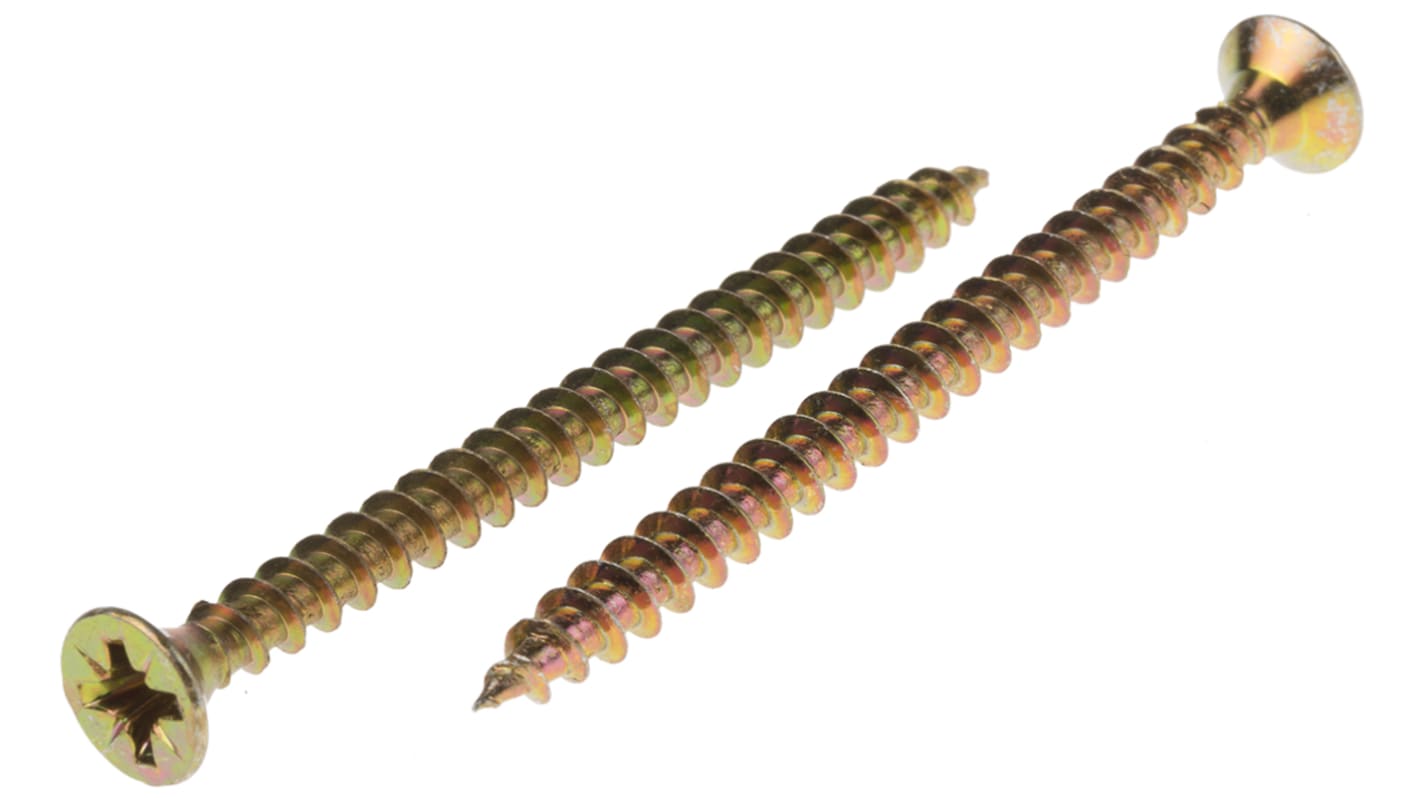 RS PRO Pozidriv Countersunk Steel Wood Screw, Yellow Passivated, Zinc Plated, 4.5mm Thread, 60mm Length