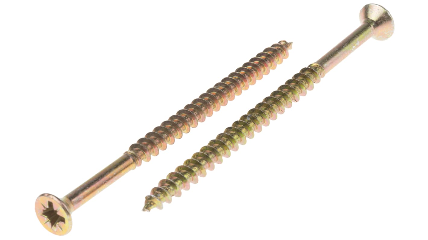 RS PRO Pozidriv Countersunk Steel Wood Screw, Yellow Passivated, Zinc Plated, 6mm Thread, 100mm Length
