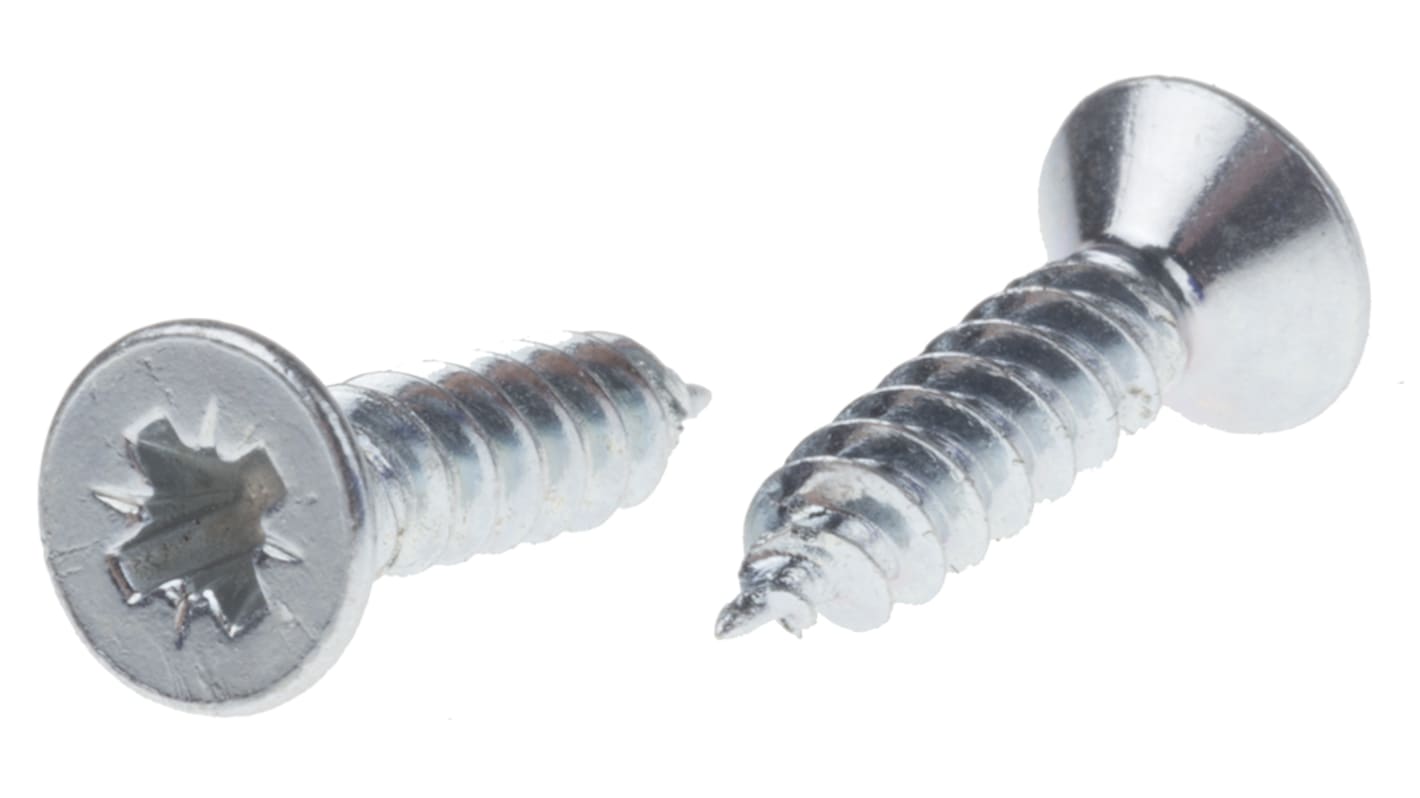 RS PRO Pozidriv Countersunk Steel Wood Screw, Bright Zinc Plated, No. 4 Thread, 1/2in Length