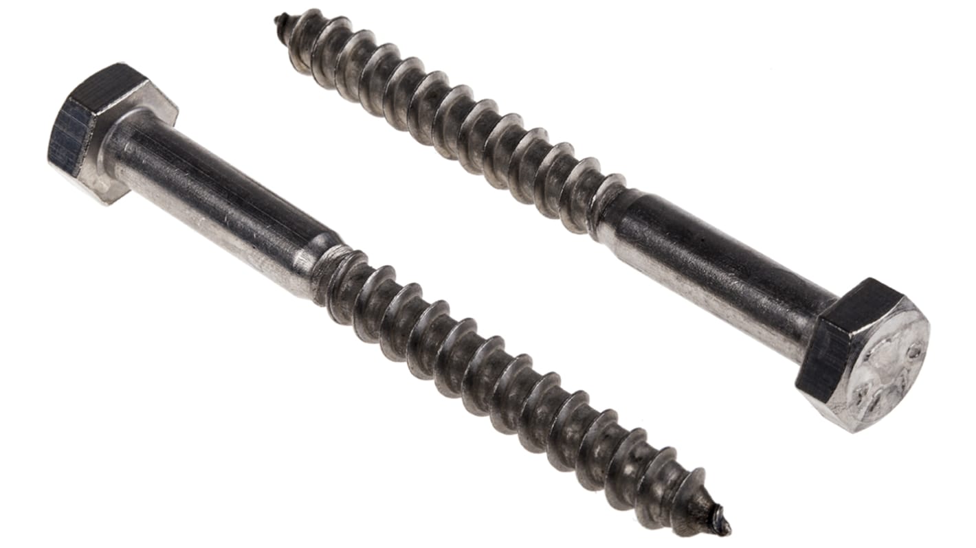 RS PRO Hex Coach Screw, Stainless Steel, 8mm x 80mm