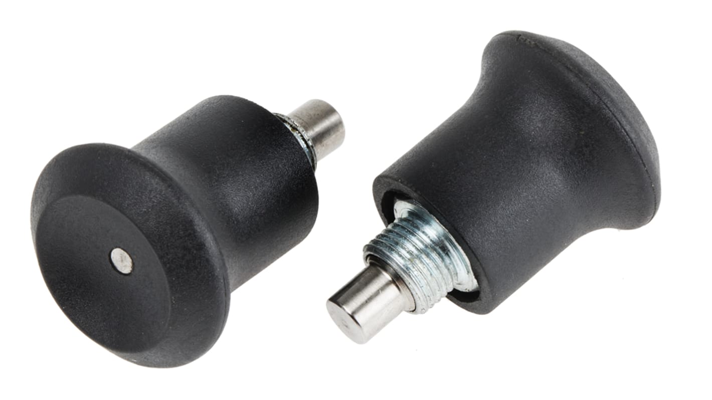 RS PRO 30mm Matt, Zinc Plated Stainless Steel (Spring, Body, Pin), Thermoplastic (Knob) Index Index Bolt, M8 x 0.75