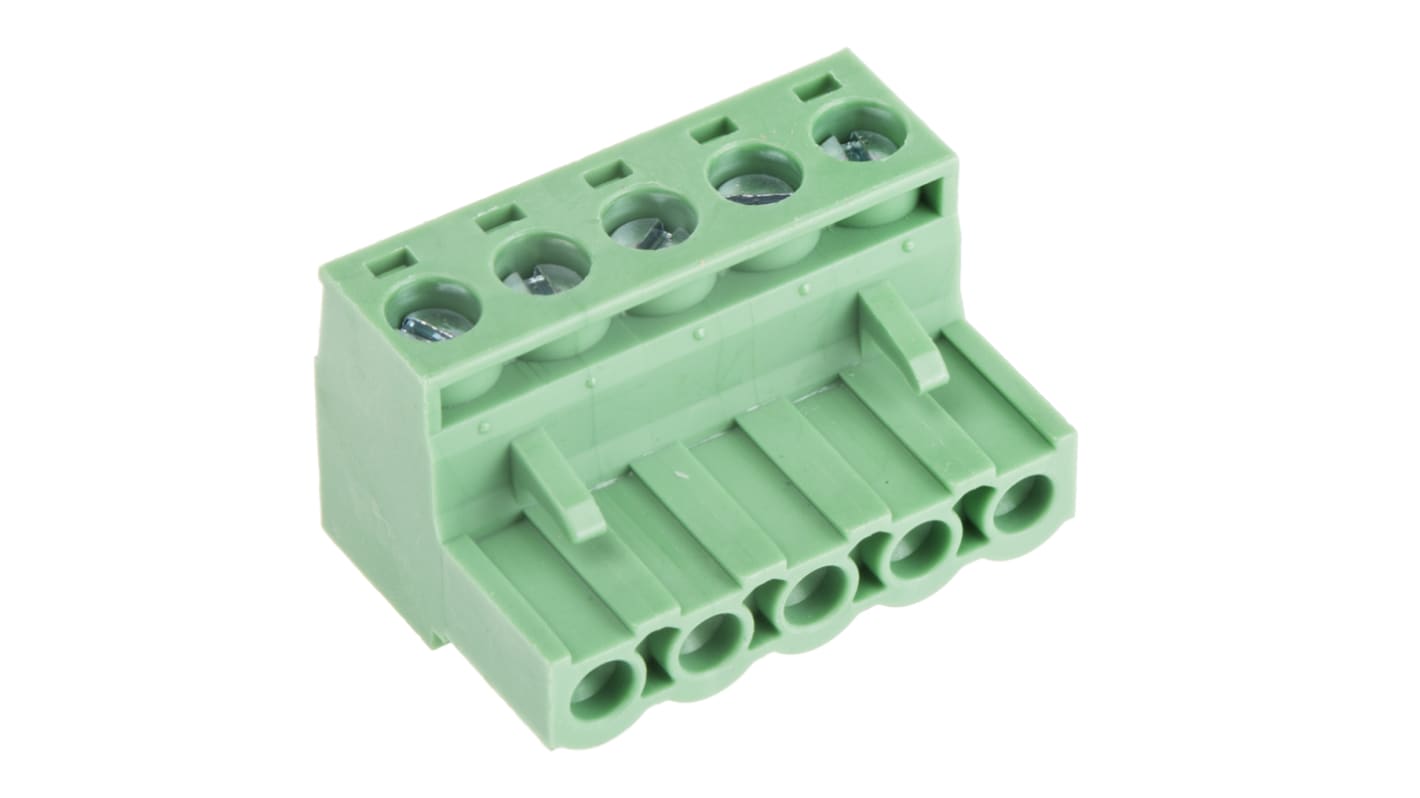 Borne para PCB Hembra Ángulo recto RS PRO de 5 vías , paso 5.08mm, 15A, de color Verde, montaje Montaje en orificio