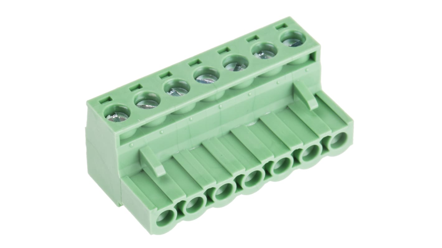 Borne para PCB Hembra Ángulo recto RS PRO de 7 vías , paso 5.08mm, 15A, de color Verde, montaje Montaje en orificio